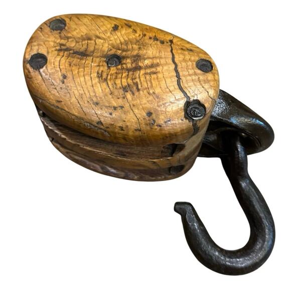VTG 10” Block And Tackle Double 2 Wheeled Metal/Wood Pulley Farm Barn Nautical